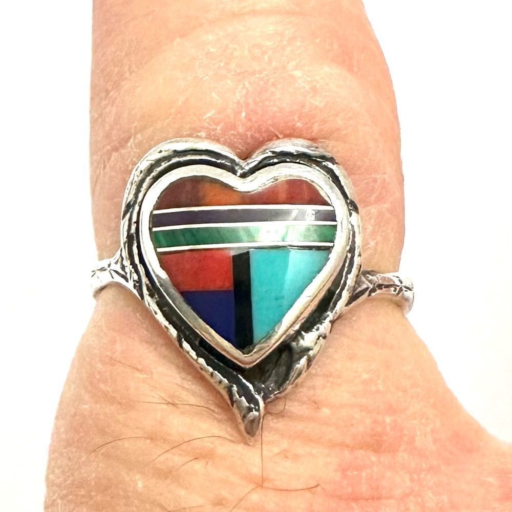 925 Sterling Silver Mixed Gemstone Inlay Heart Ring Size 8.5